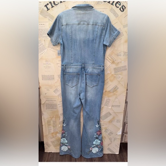 Free People Driftwood Embroidered Denim Jumpsuit Floral Pockets Slim Flare Blue - Picture 6 of 6